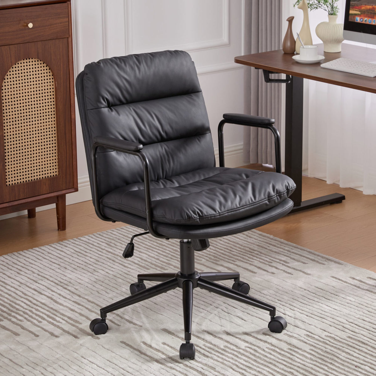 Black Vegan Leather Office Chair, Swivel, 38.3 in Tall