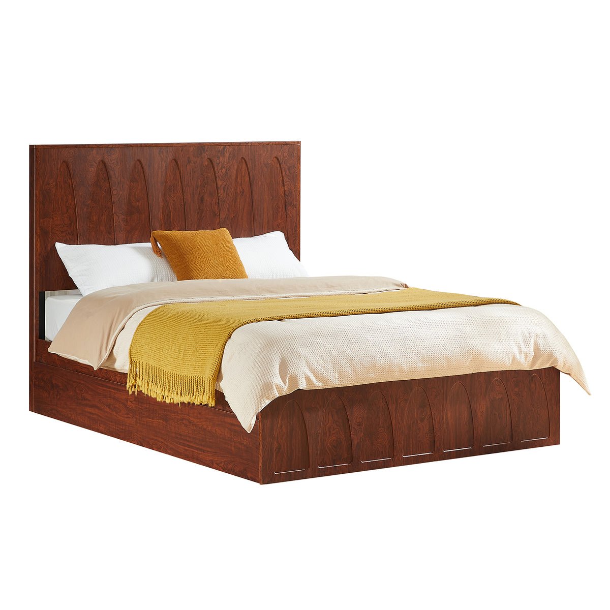 Angled dark reddish-brown wood queen platform bed, drawers closed, made with bedding, on white