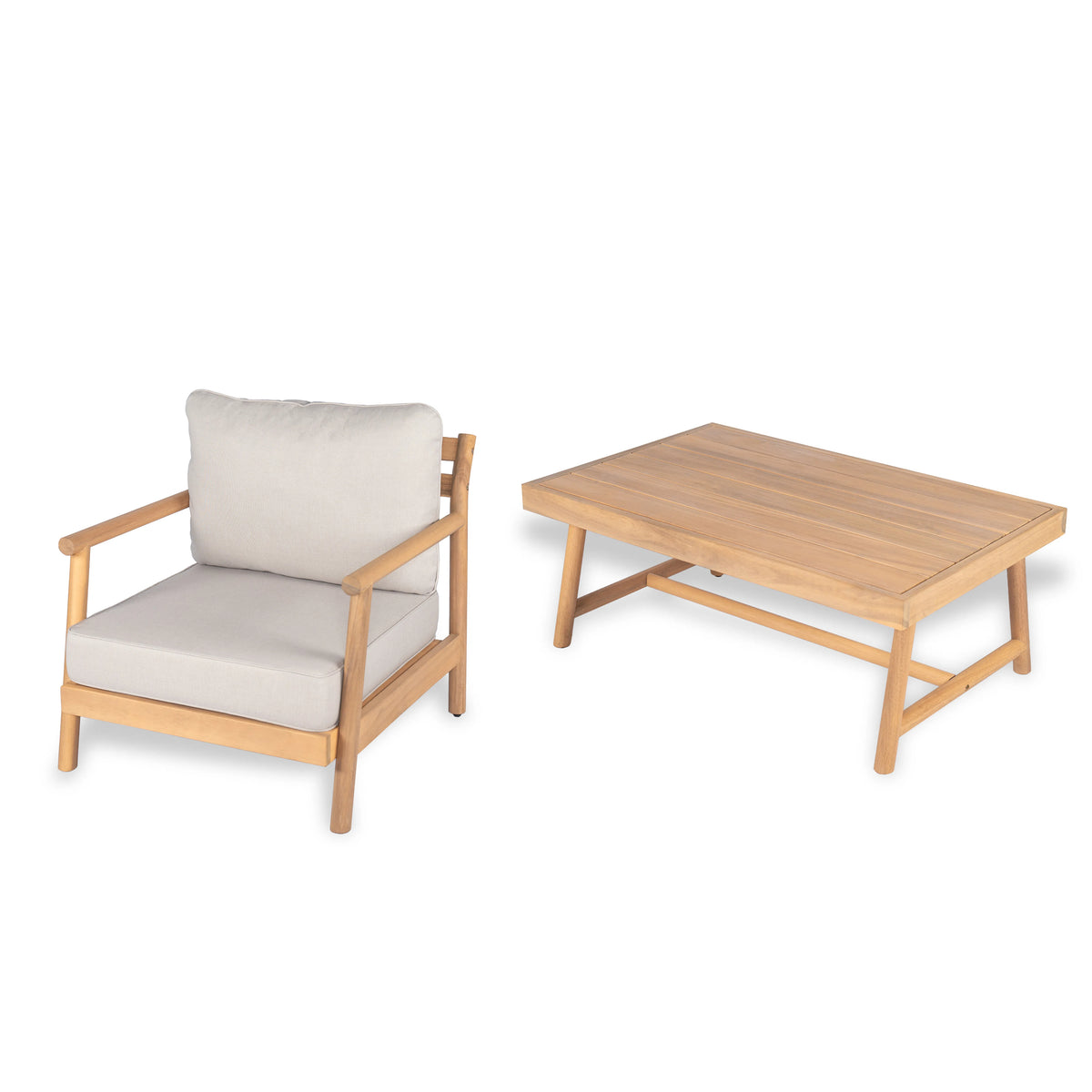 Teak Finish Solid Wood Patio Conversation Set, Beige Cushion
