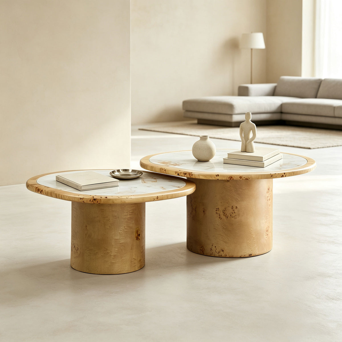 Natural Burl Wood Sintered Stone Pedestal Coffee Table, Set of 2, 29.1 in