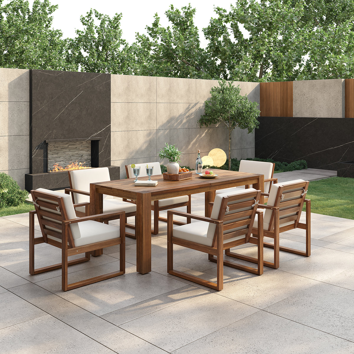 Mocha Solid Wood 7-Piece Patio Dining Set for 6 with Beige Cushions