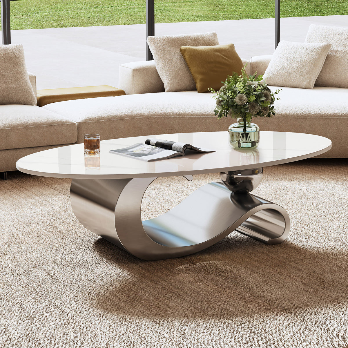 White and Gray Sintered Stone Oval Coffee Table with Wave Base, 49.2 in