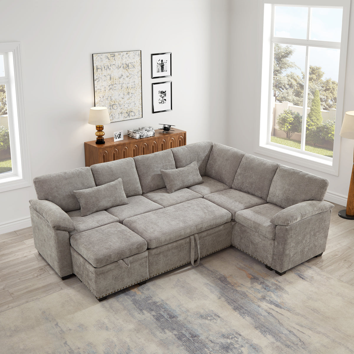 Gray Chenille L-Shaped Modular Sleeper Sectional with Ottoman, 7-Seat