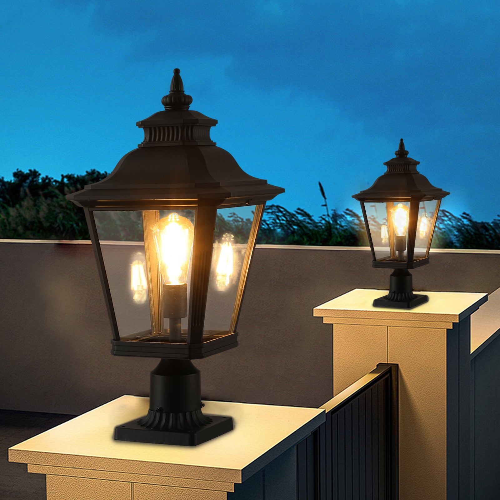 Post Lantern, Set of 2, Clear Glass, Black Aluminum