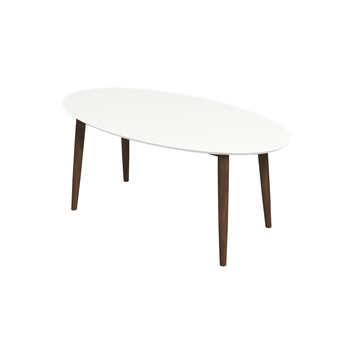 White-top oval dining table with walnut legs, three-quarter view on white studio background