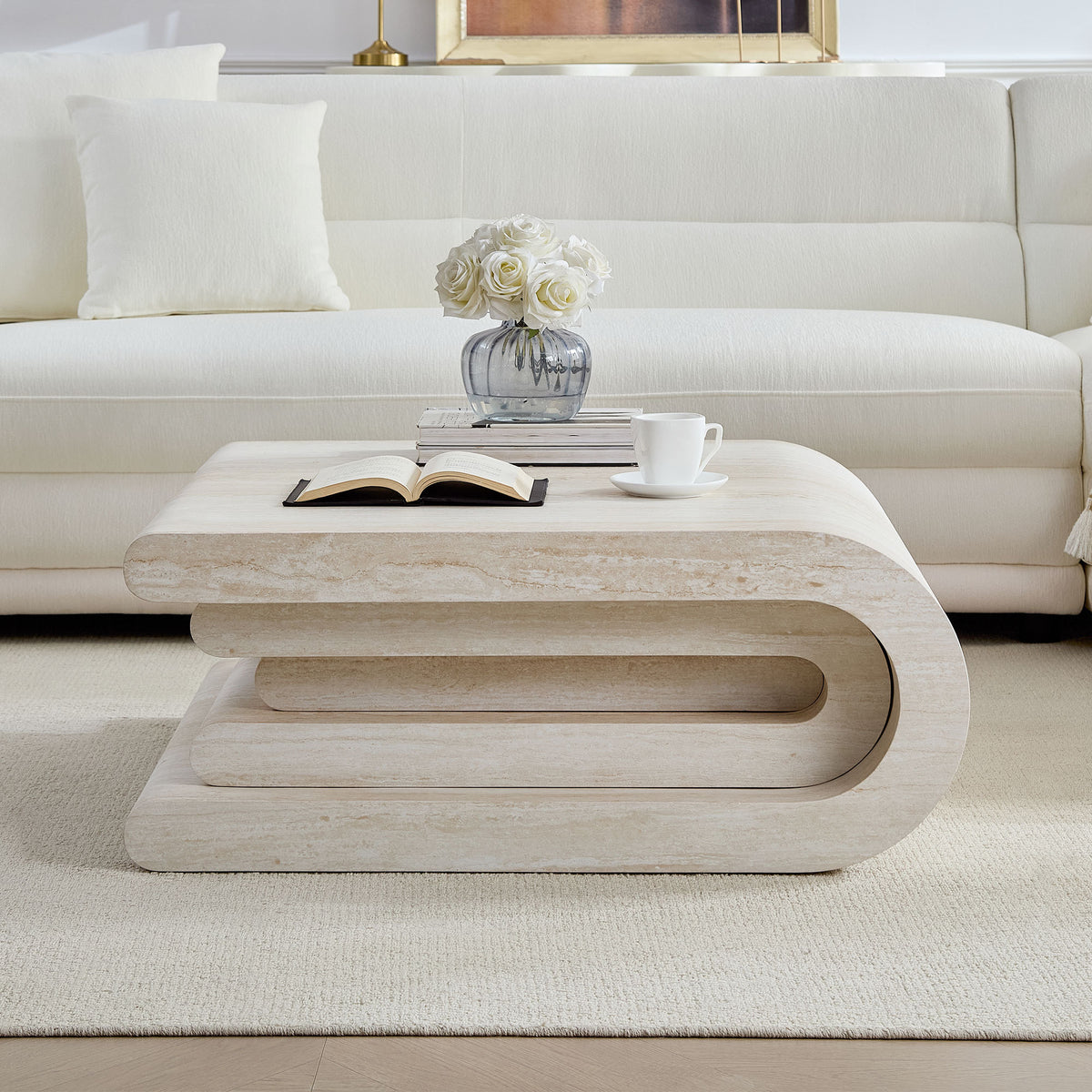 Beige Travertine-Look Curved Square Coffee Table, 33.9 in