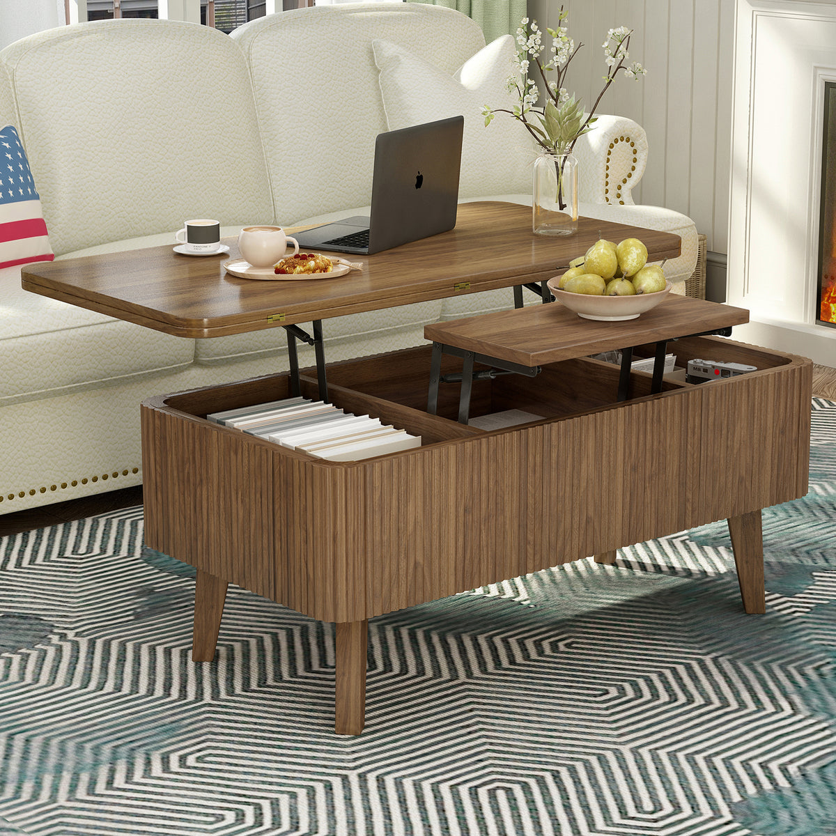 Walnut Mid-Century Fluted Lift-Top Coffee Table with Storage, 42.9 in