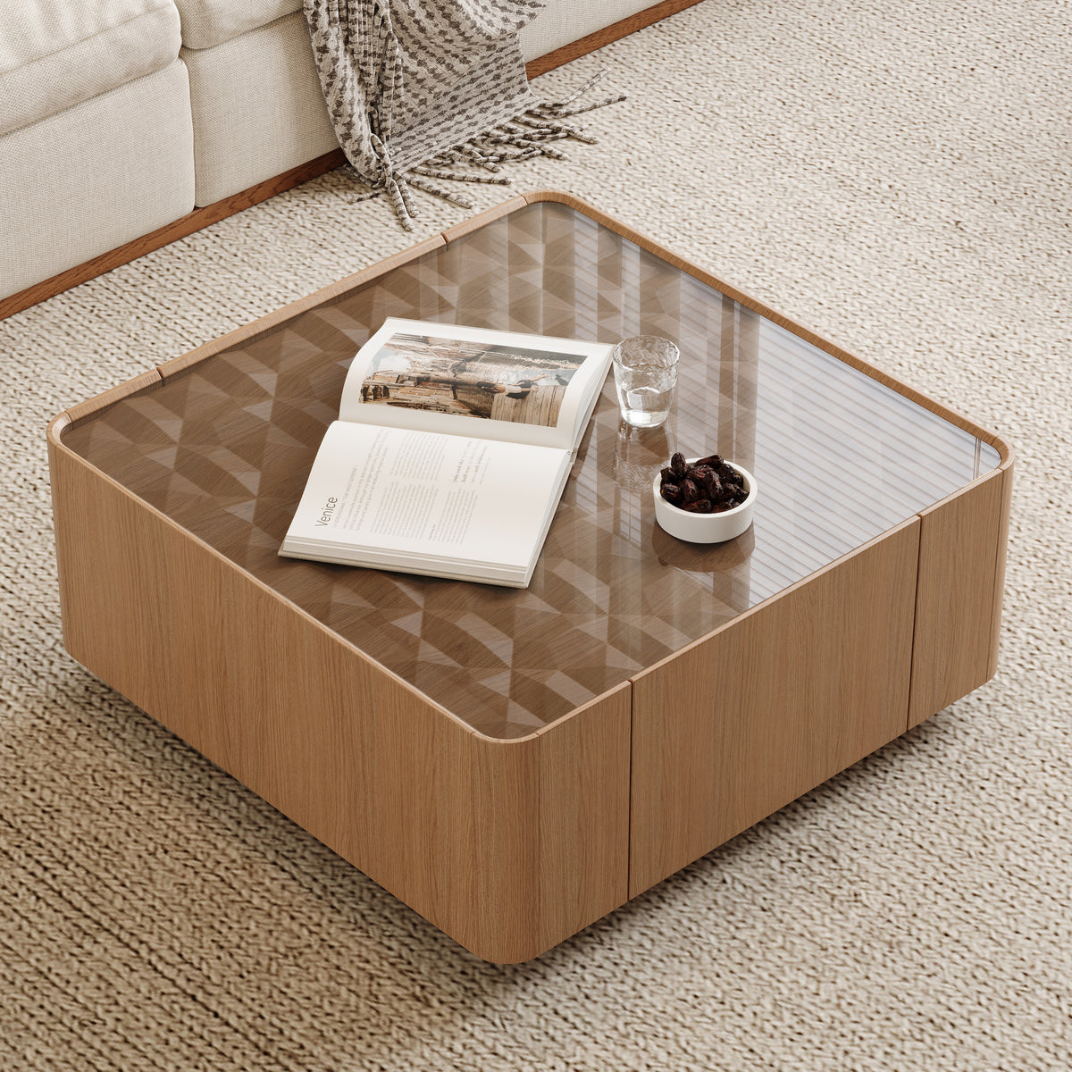 Oak Glass-Top Square Floating Coffee Table with Drawers, 31.5 in