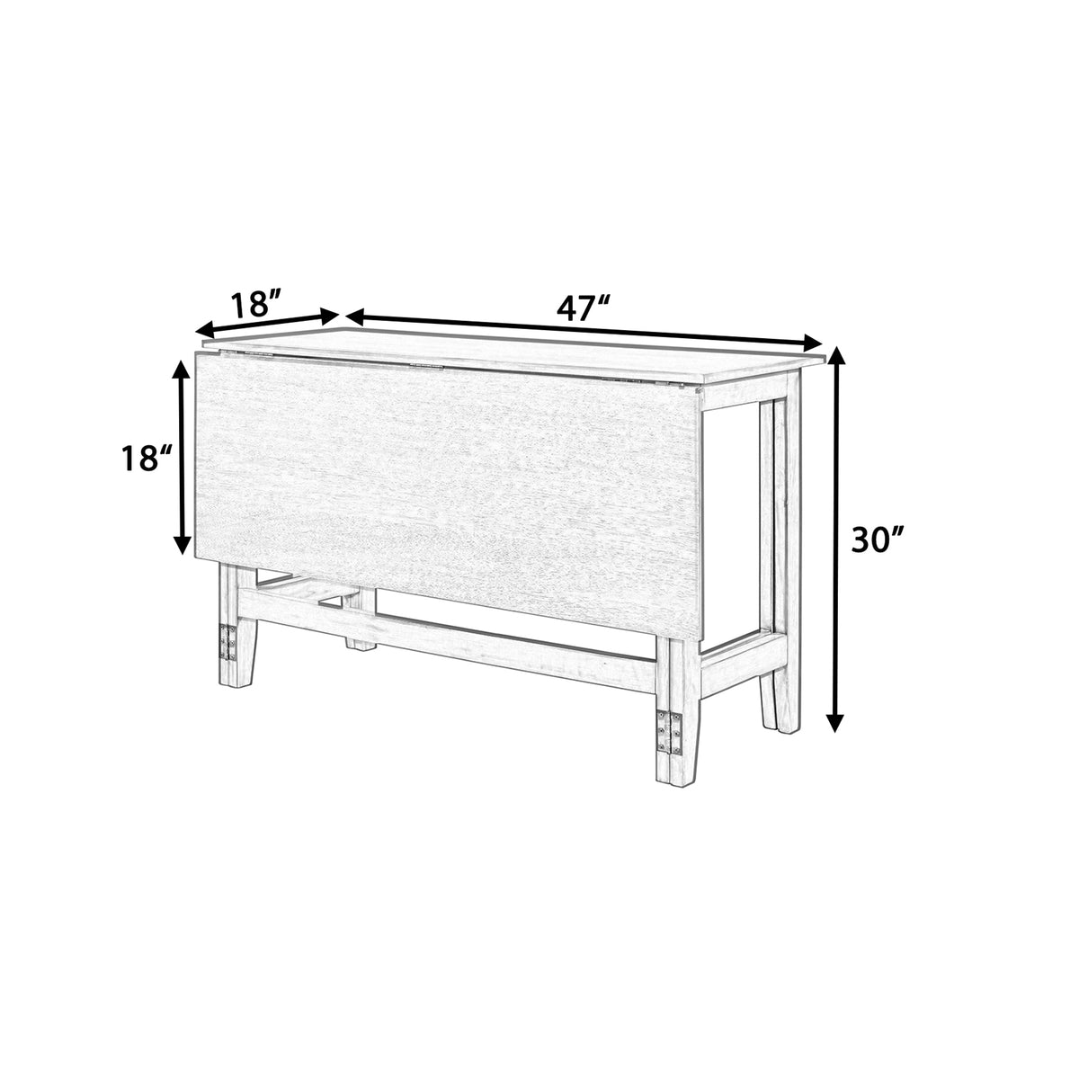 Dimension line diagram of the drop-leaf table, 47 by 18 inch top, 30 inch height