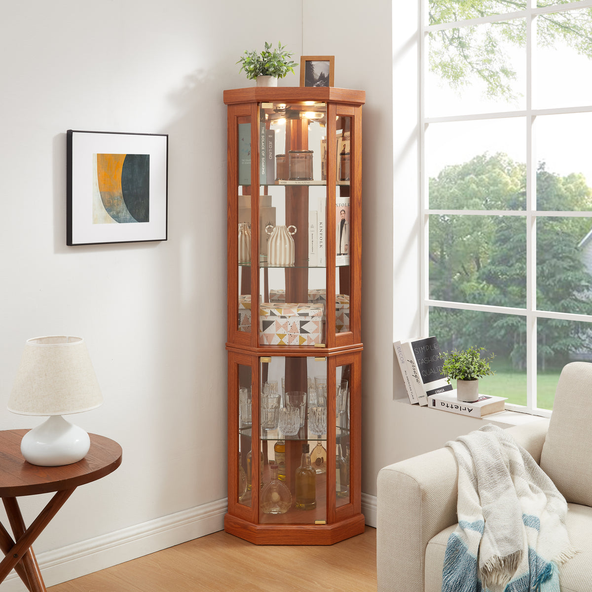 Lighted Corner Curio Cabinet, Dark Oak, Glass Display Case