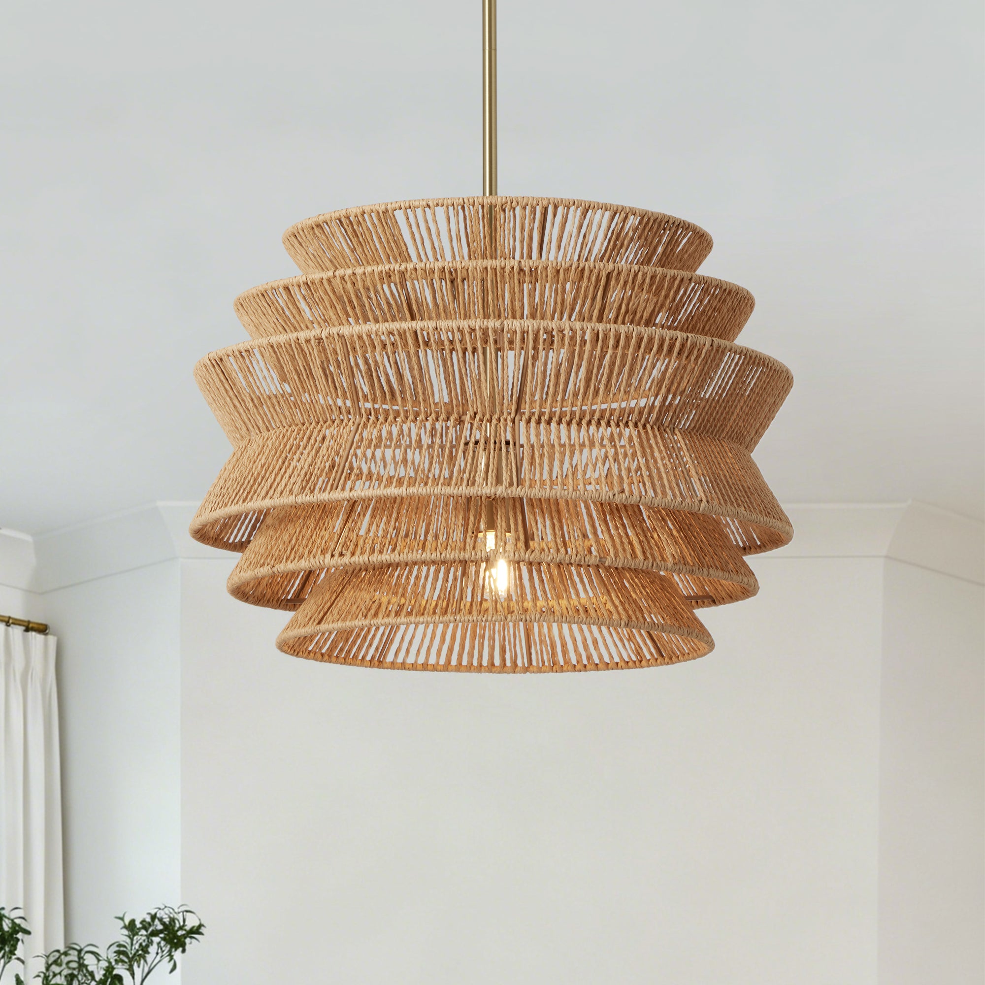 Brown Farmhouse Pendant Light, 17 in, Hand Woven Rattan Shade