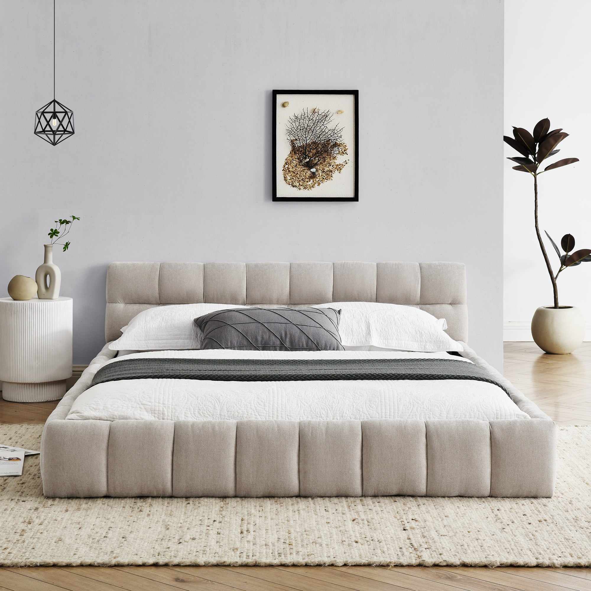 Beige chenille platform bed viewed head-on from the foot, made up in a styled bedroom #Color_Beige