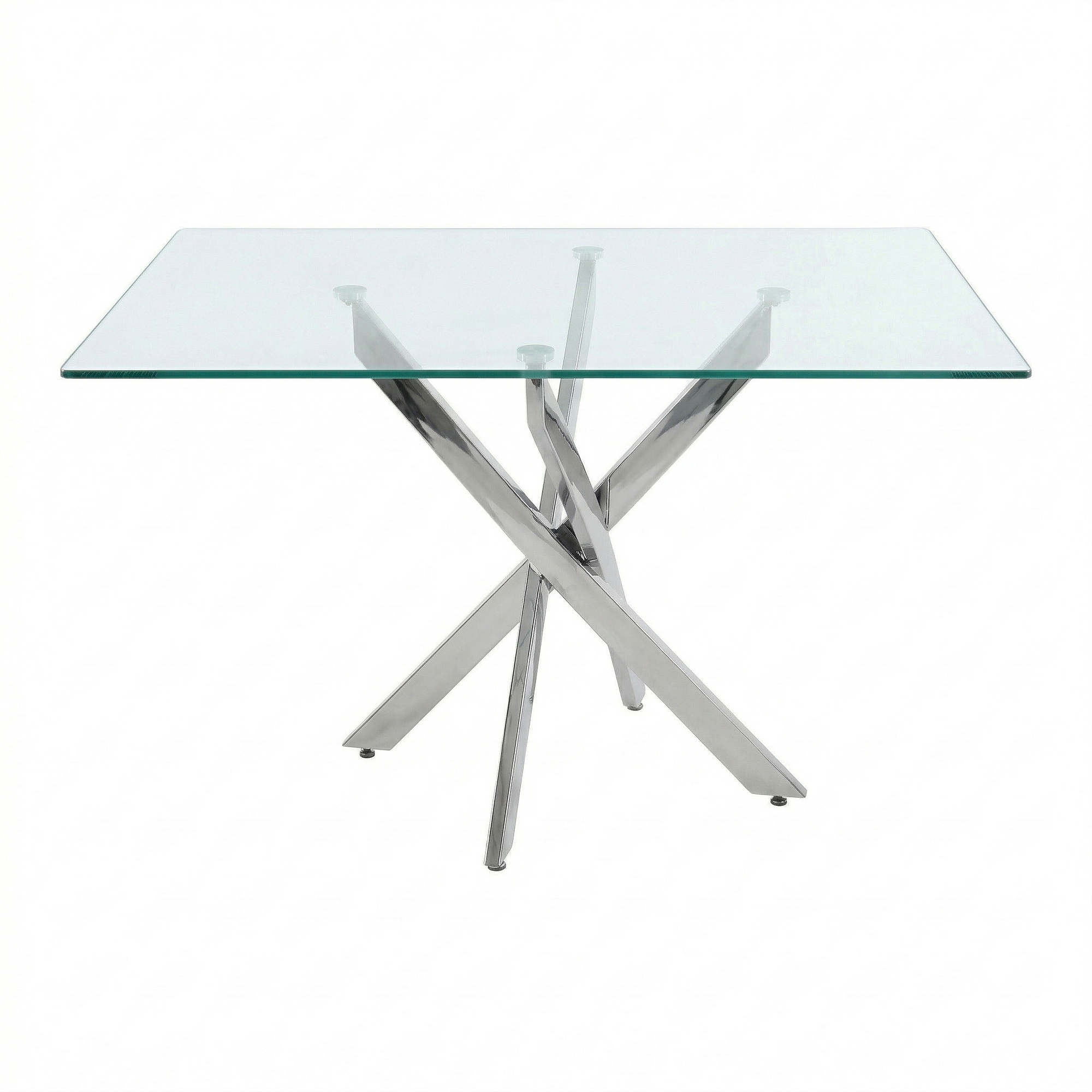 Front studio view of the rectangular glass dining table with silver crisscross legs
