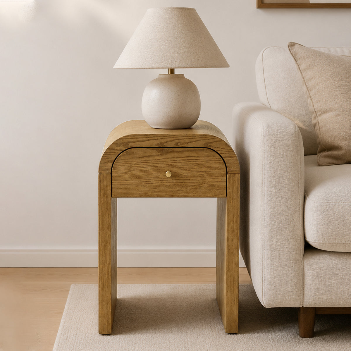 Oak Curved Waterfall Side Table with Drawer, 18 in
