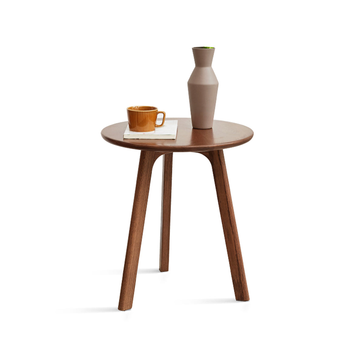 Walnut Solid Oak Round Three-Leg Side Table, 17.7 in