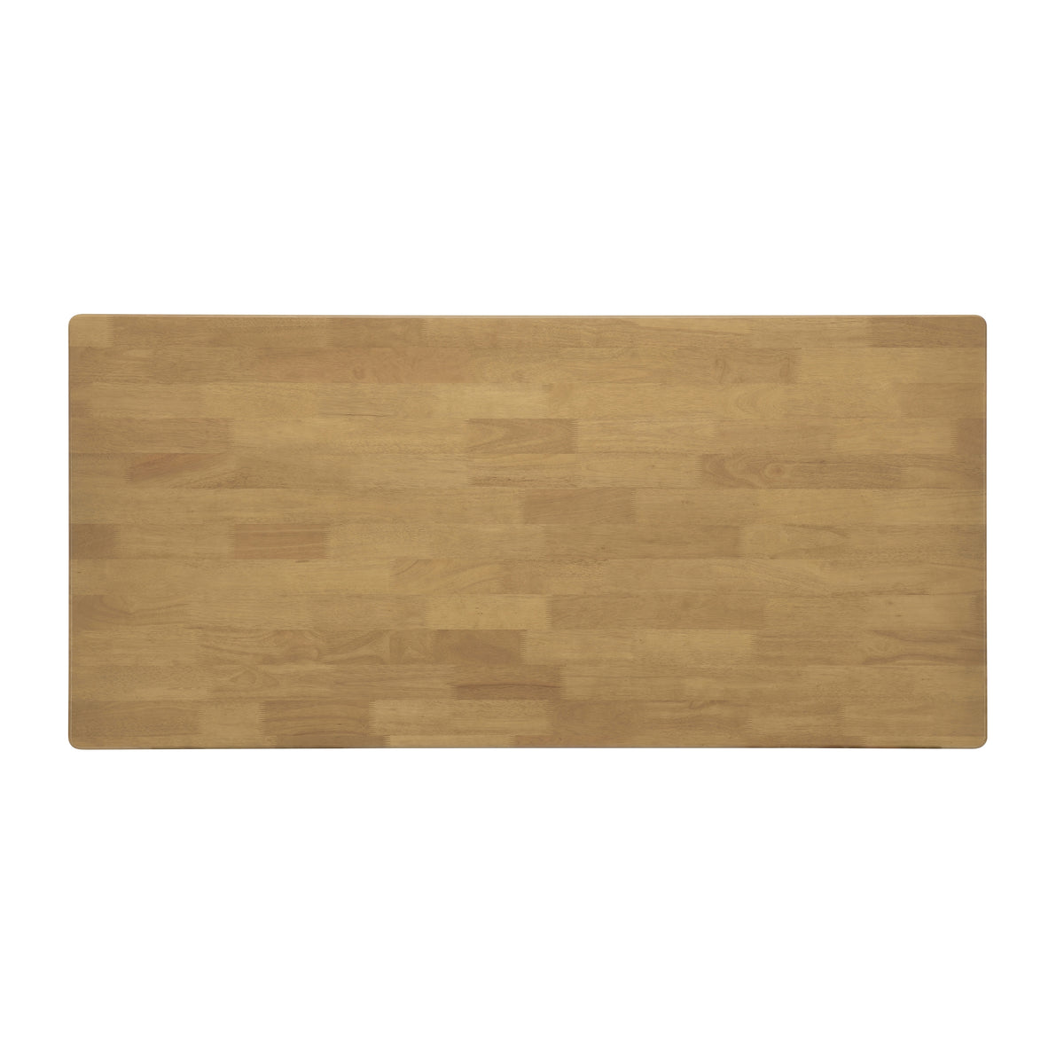 End view of the solid wood dining table showing the twin woven cane panel legs, white background