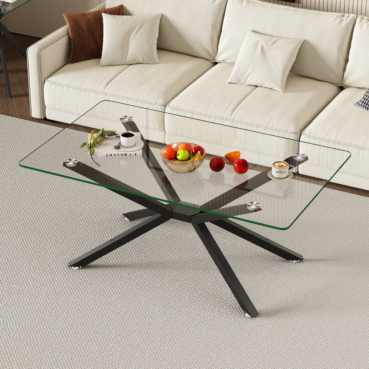 Black Glass-Top Rectangular Coffee Table with Starburst Base, 39.4 in