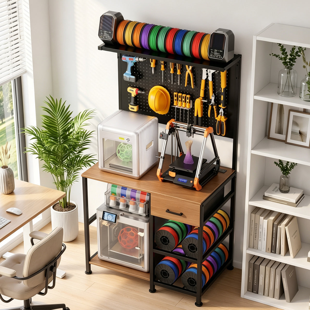 Metal Printer Stand, Charging Station, 66.5 in Tall, Black, 37.8 in Wide