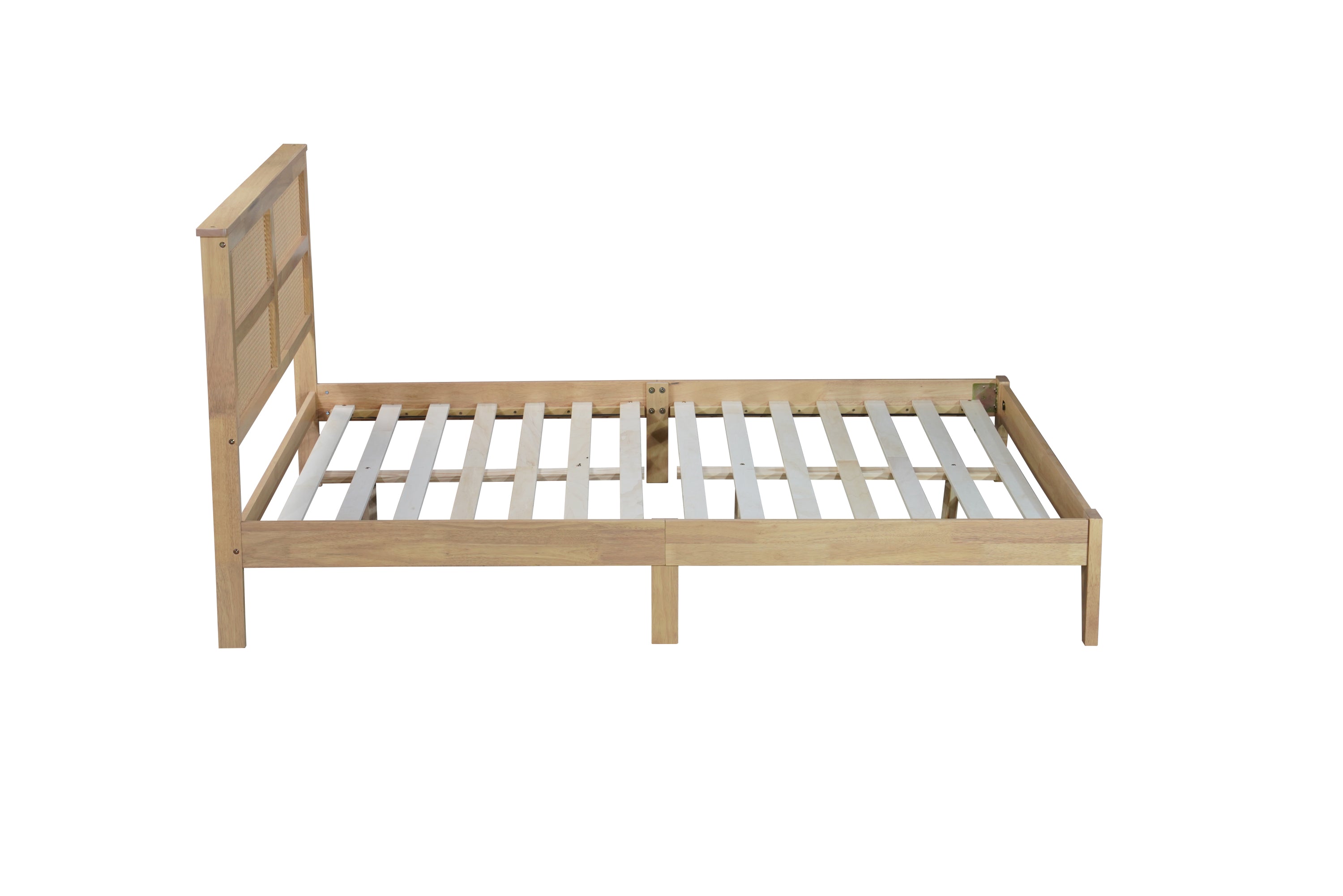 Side profile of the natural rubberwood queen bed frame with woven rattan headboard on white