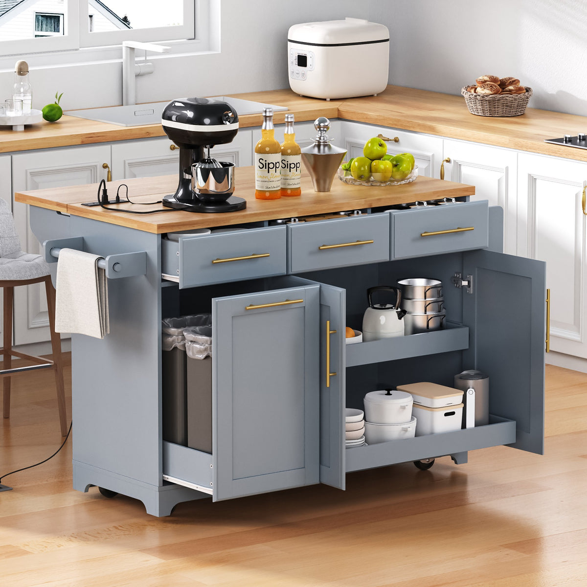 Solid Wood-Top Kitchen Island, Grey-Blue, Drop-Leaf & Trash Cabinet