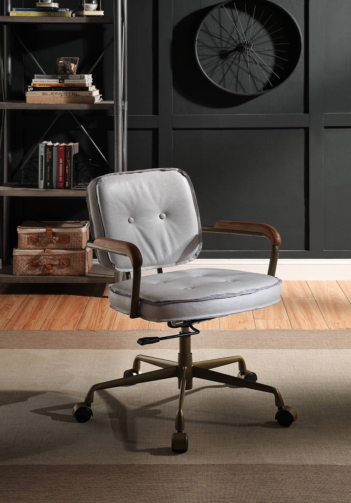 Antique White Top Grain Leather Office Chair, Height Adjustable