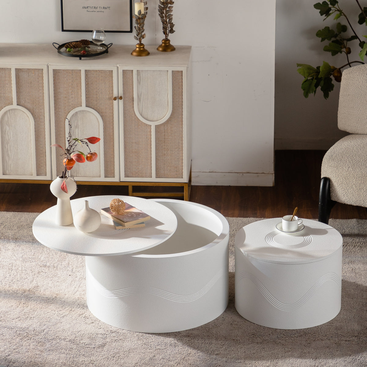 White Wave Round Drum Coffee Table with Storage, Set of 2, 26.8 in