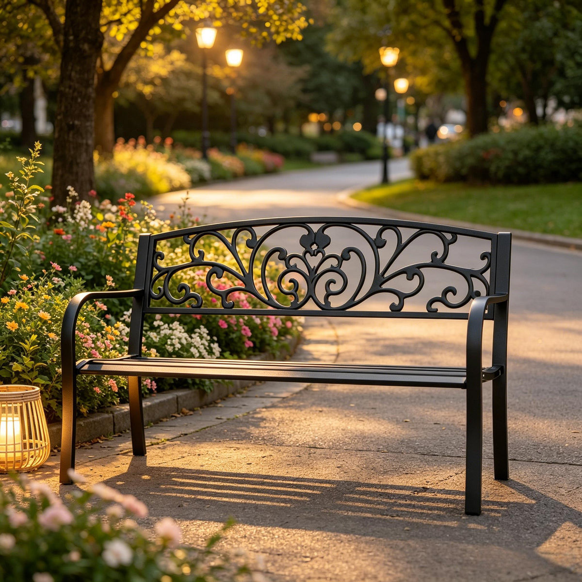 Black Metal Outdoor Bench, 50 in Wide, 34.3 in Tall