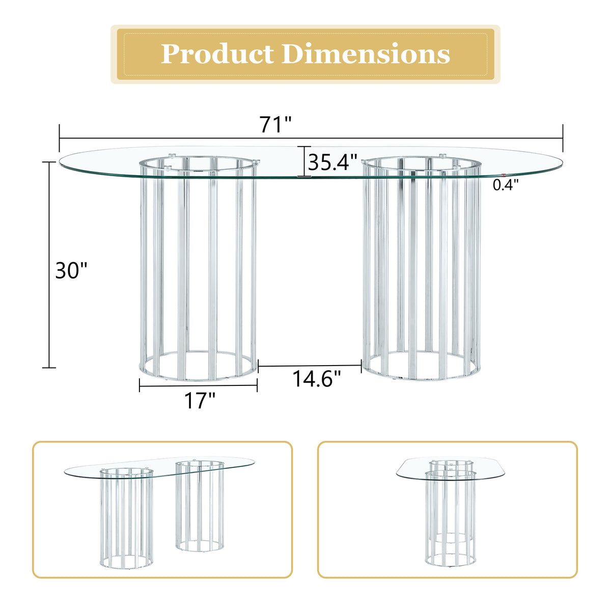 Dimension diagram of the oval glass dining table, 71 inches long, 35.4 inches wide, 30 inches tall.