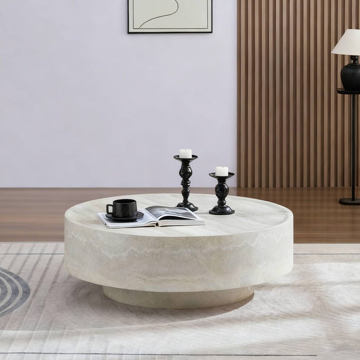 Beige Fiberglass Travertine-Look Drum Coffee Table, 35.4 in