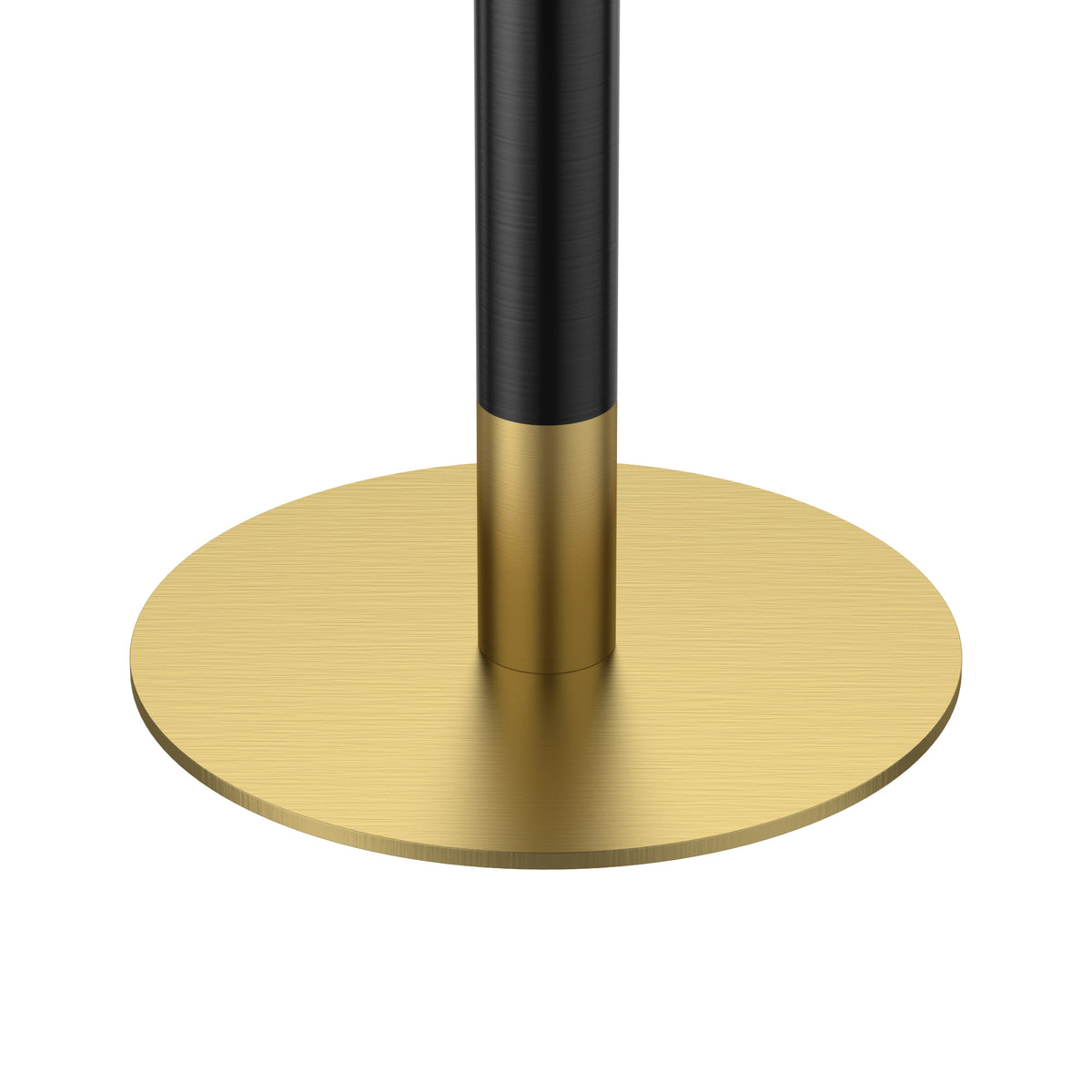 Close-up of the gold pedestal base and black column of the round dining table