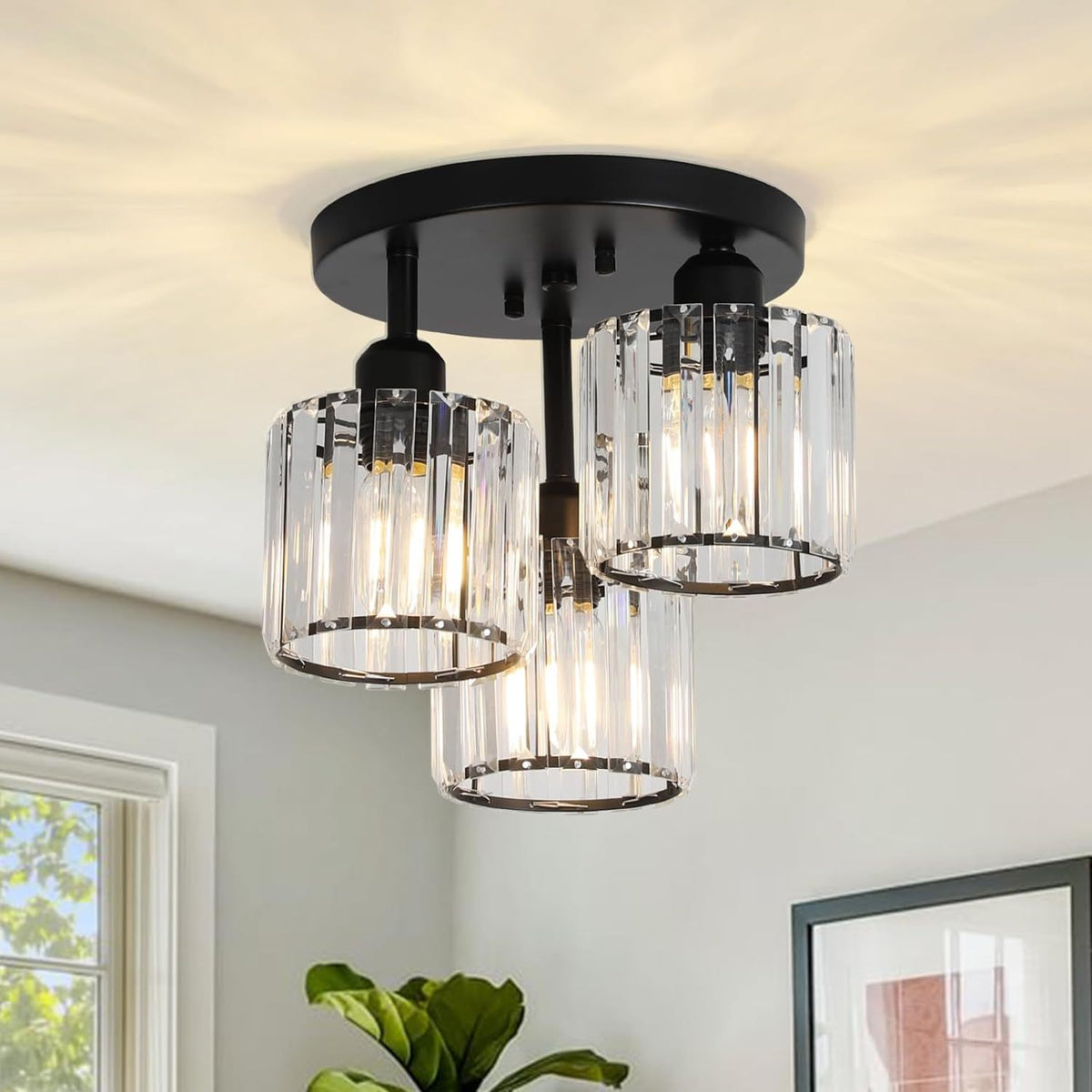 Semi Flush Mount Ceiling Light, 3-Light Crystal Shade, Black Finish