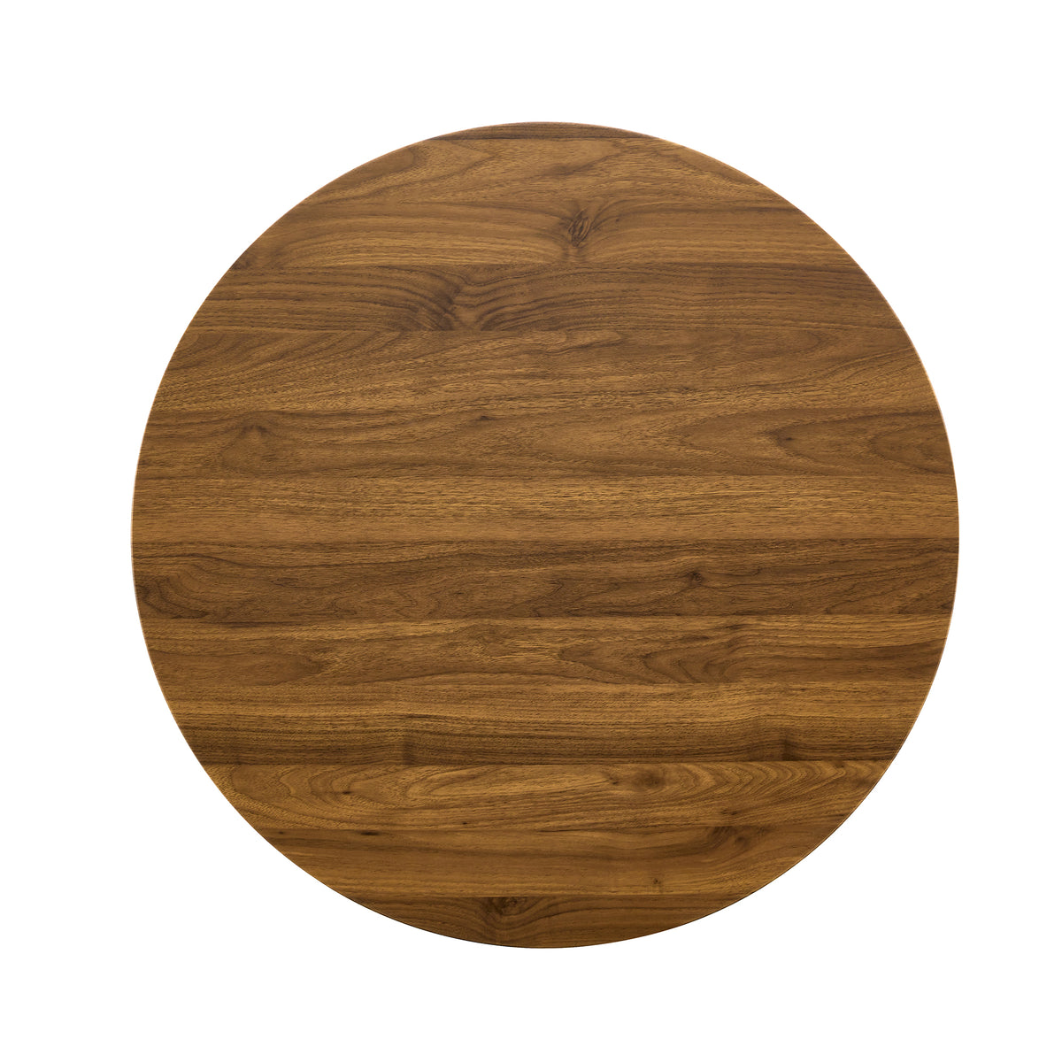 Overhead view of the round walnut wood-grain tabletop on a plain white background