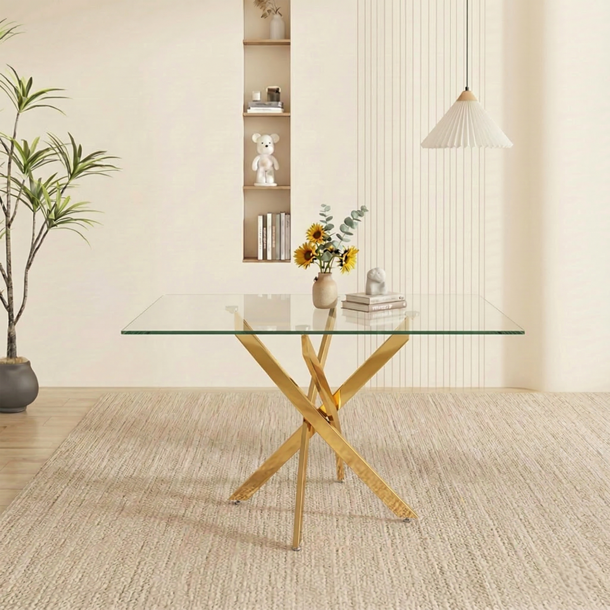 Styled room scene with the gold-leg glass table, sunflowers and a pendant lamp