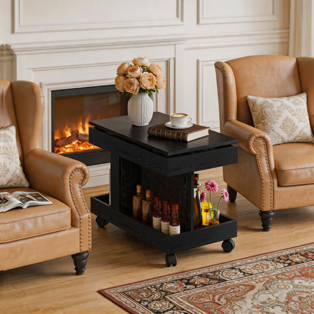 Black Swivel Lift-Top Side Table with Storage and Casters, 26.8 in