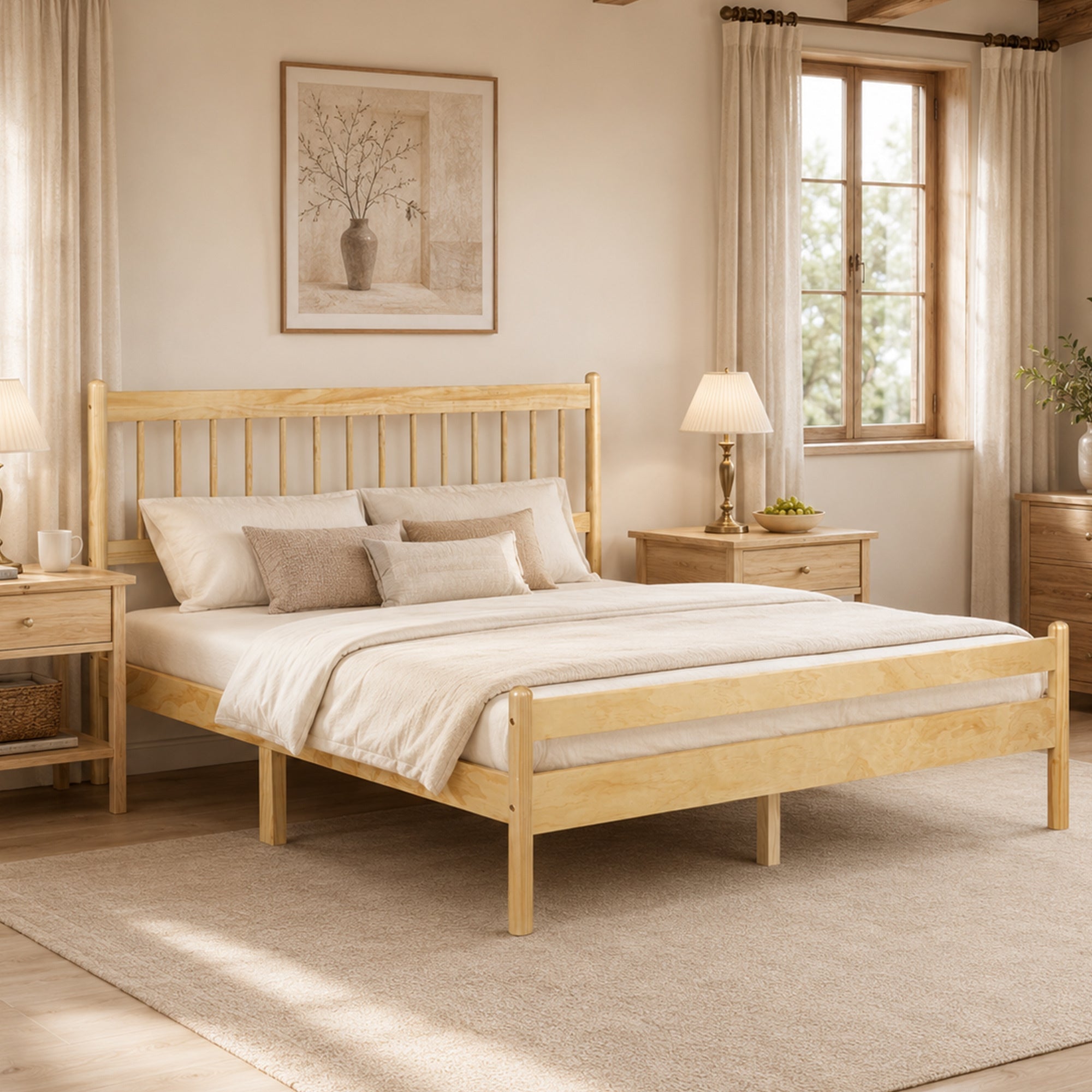 Angled view of the natural pine bed with spindle headboard and footboard in a sunlit farmhouse bedroom #Color_Natural