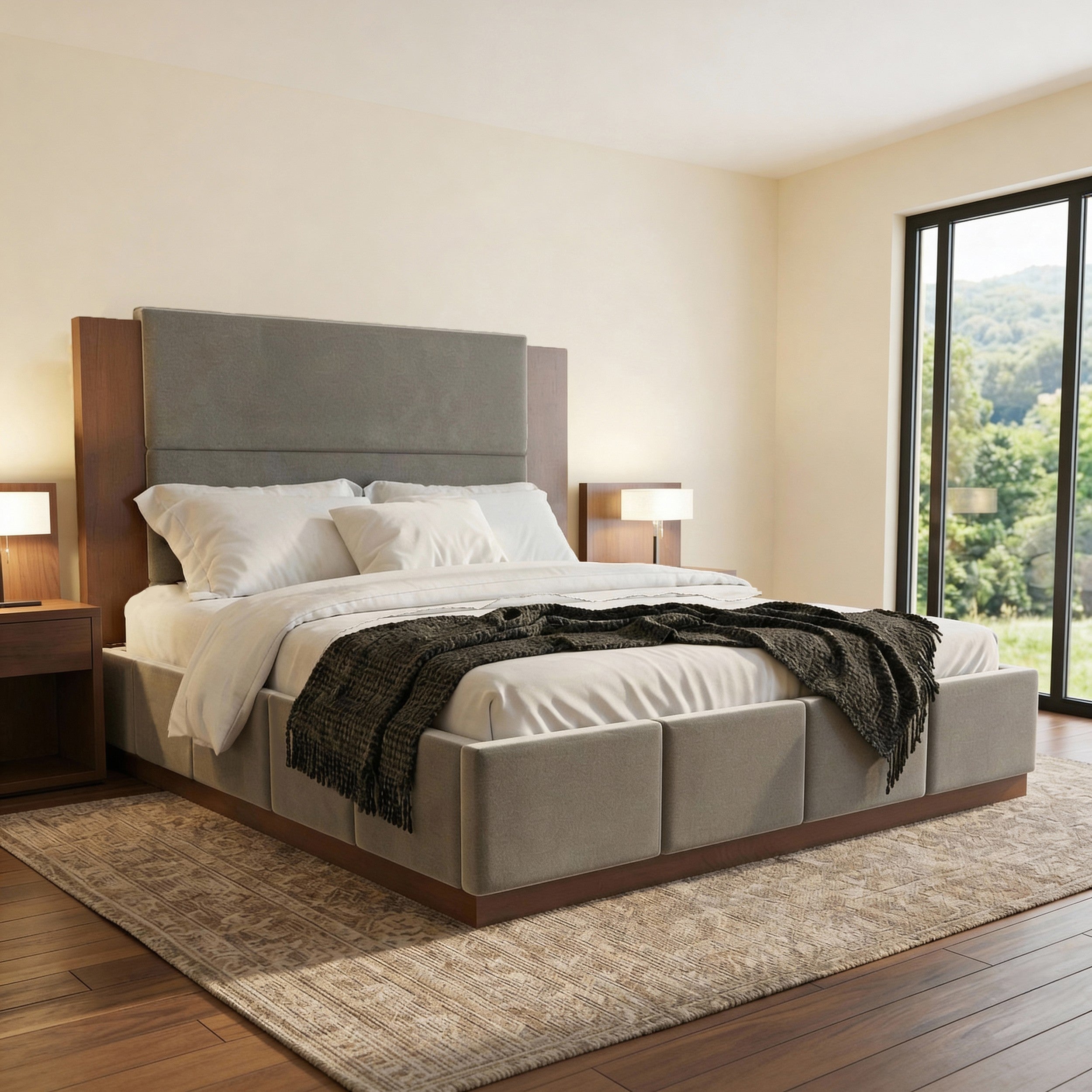 Angled view of the grey velvet queen bed frame in a bright bedroom, wood headboard extending past the padded side rails #Color_Grey Velvet