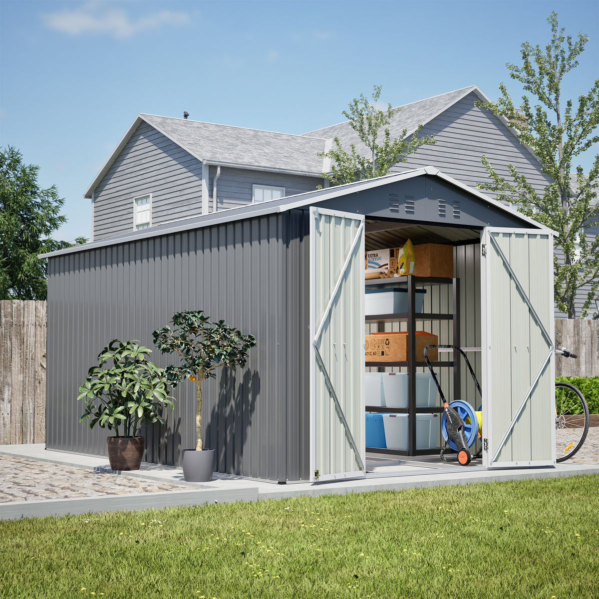 8x12 ft Gray Metal Storage Shed with Lockable Doors