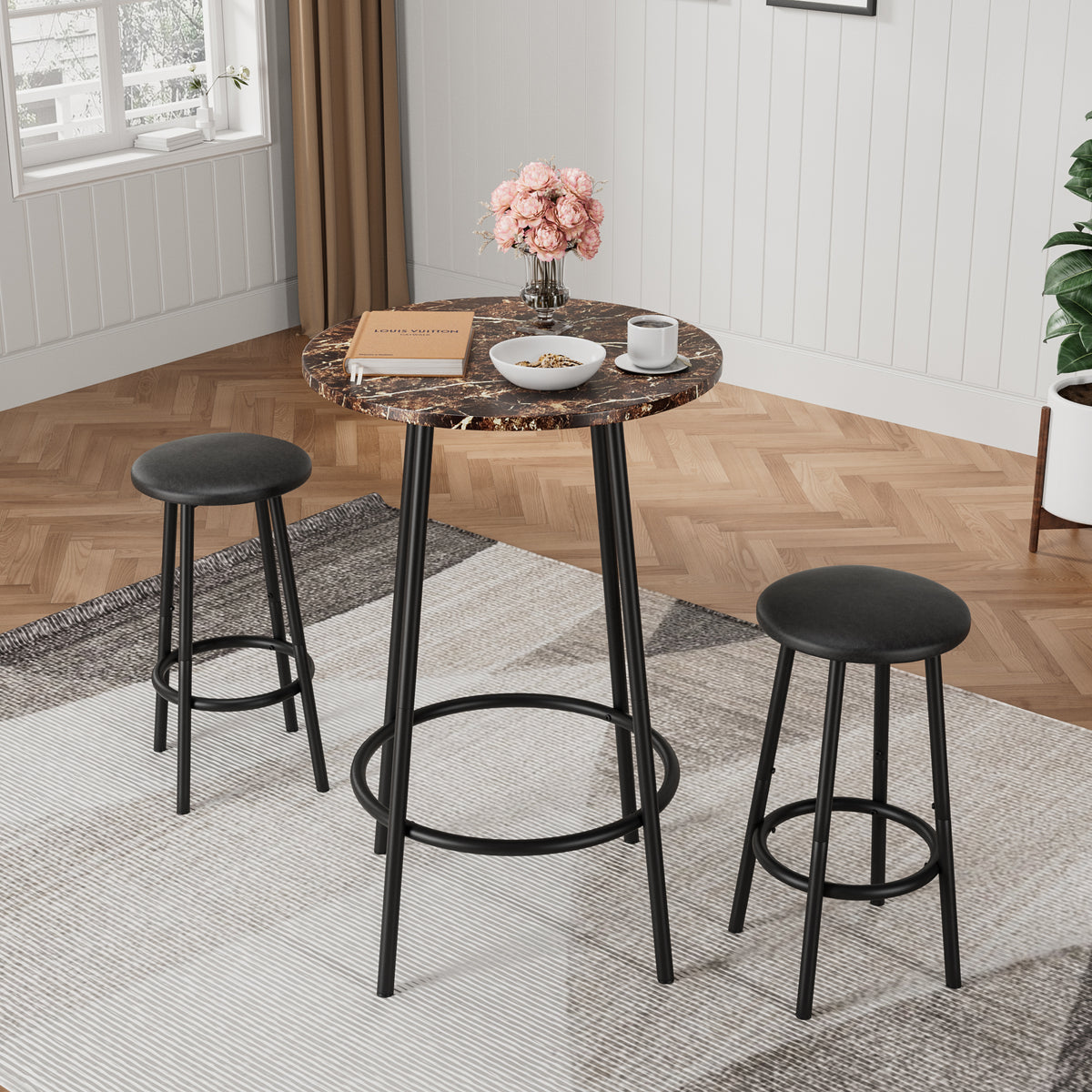 3-Piece Counter-Height Bar Table Set, Round Faux Marble Top, 2 Stools