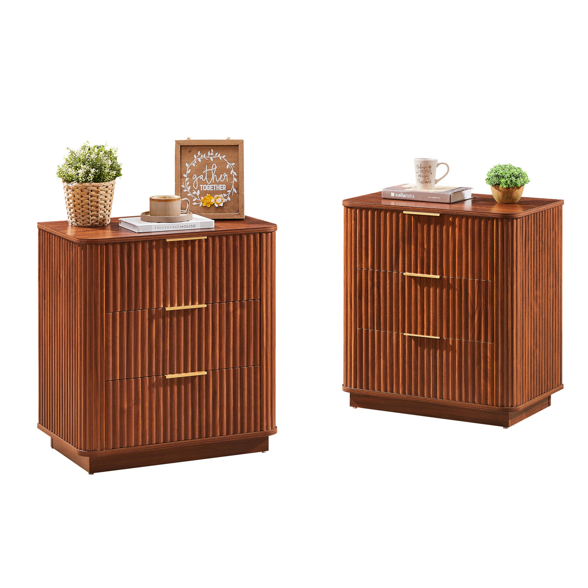 3-Drawer Nightstand Set of 2, Curved Wave Front, Walnut