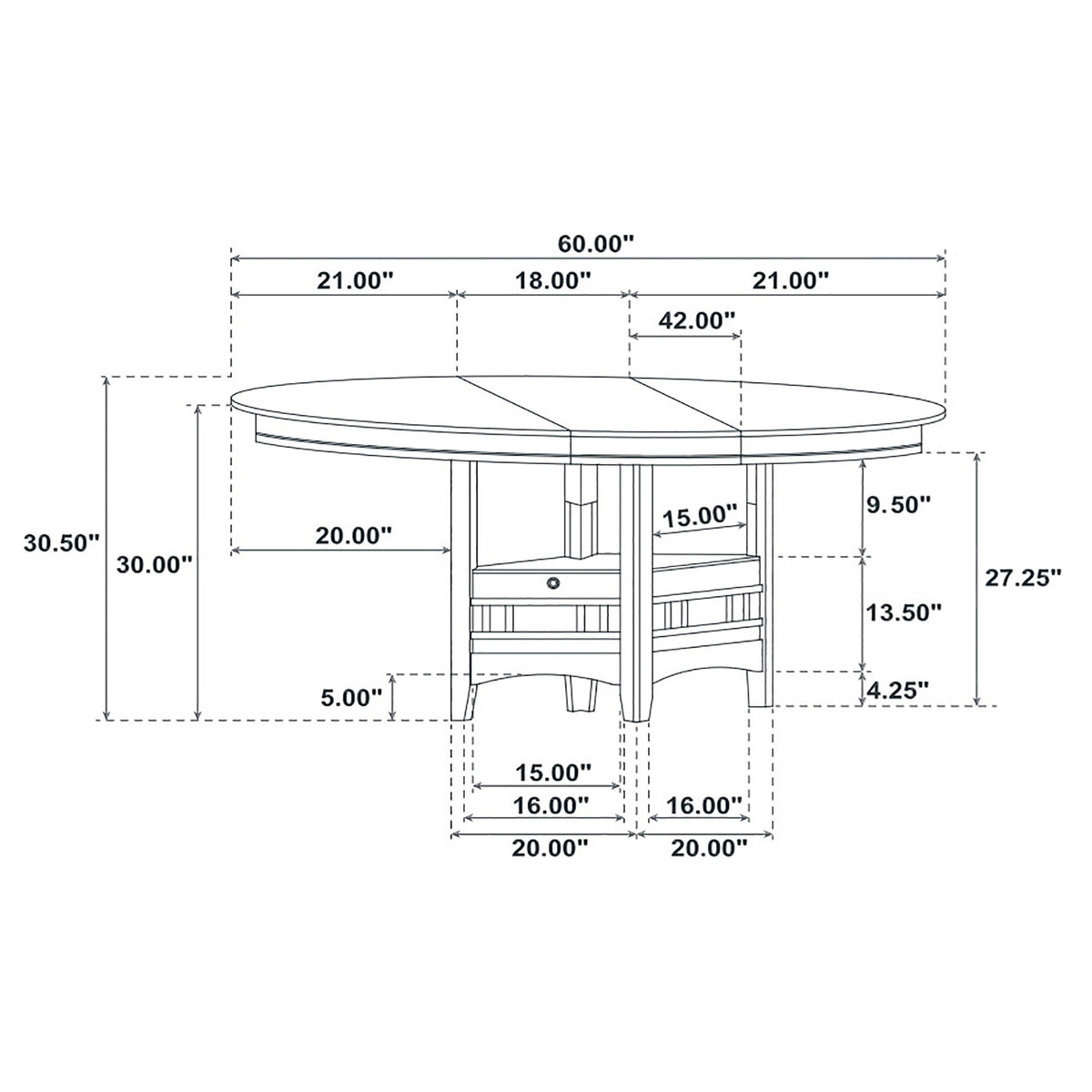 Dimension diagram of the table: 60 in wide, 30 in high, with storage base measurements