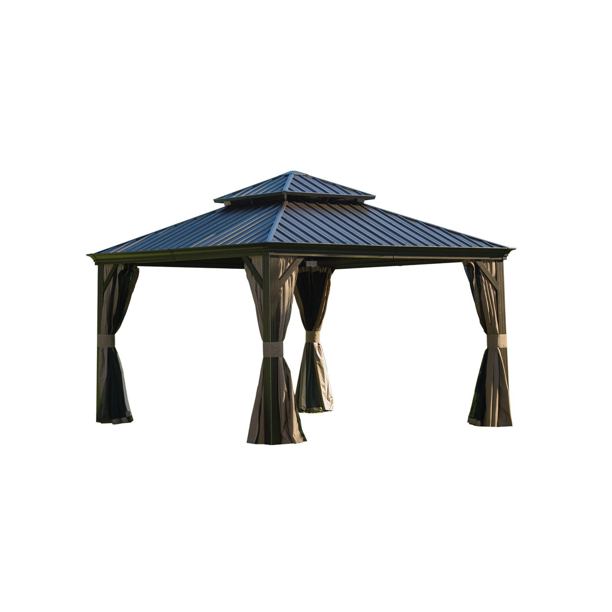 12x12 ft Brown Aluminum Double Roof Hardtop Gazebo with Netting and Curtains