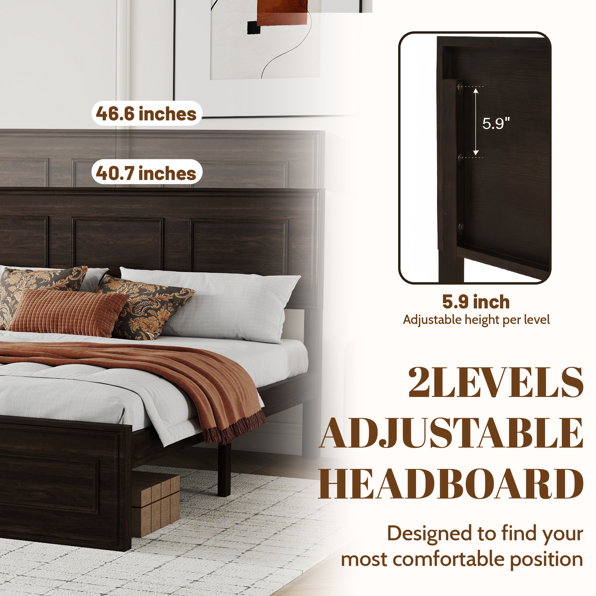 Closeup of rich brown queen headboard with 2-level adjustable height, 40.7 to 46.6 inches #Color_Rich Brown
