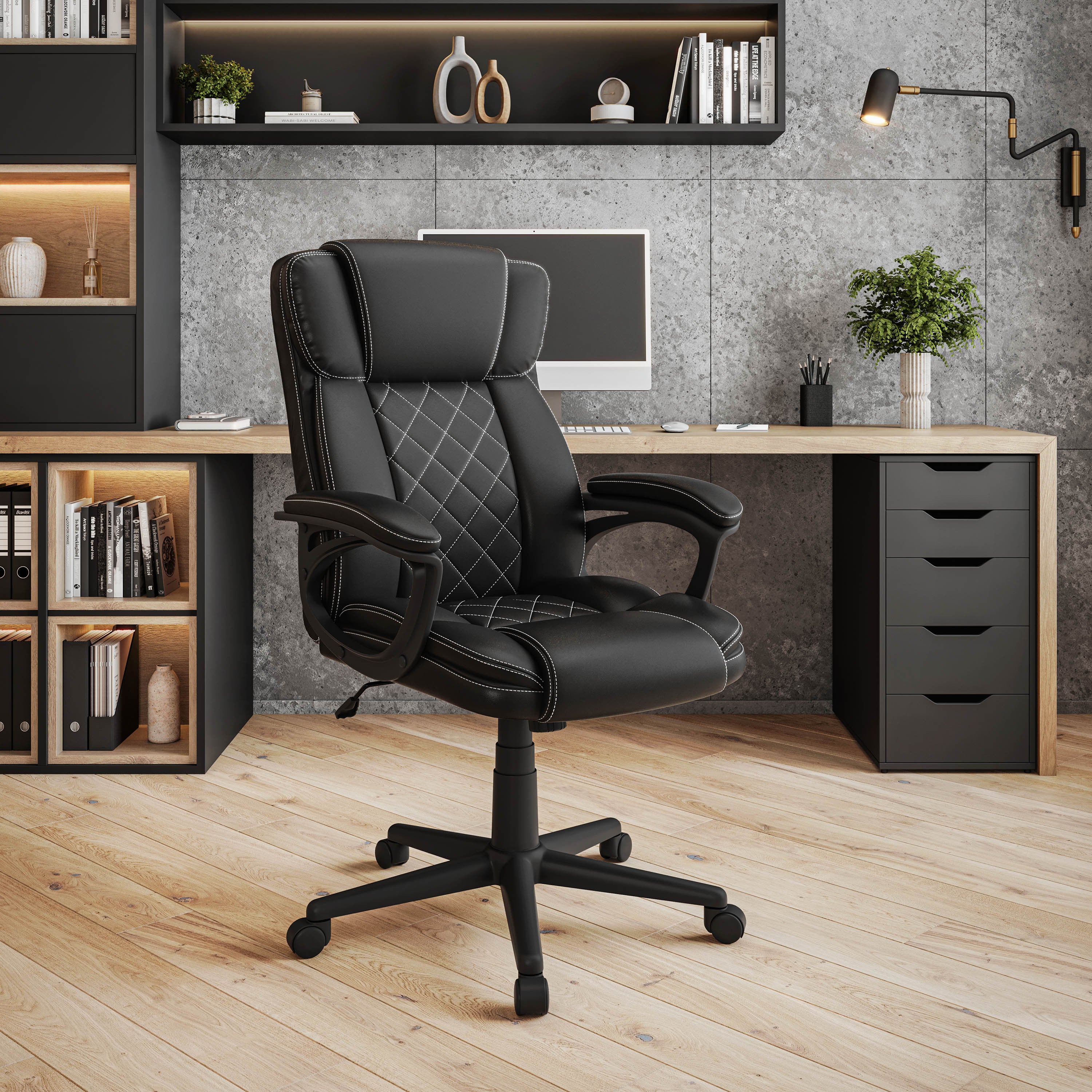 Black Vegan Leather Office Chair, Height Adjustable, Reclining, 285 lb