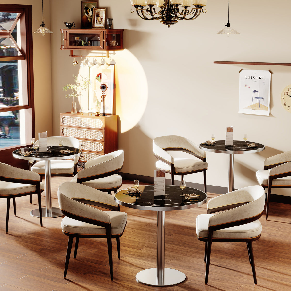 Several black marble-look bistro tables with cream chairs set in a styled cafe interior