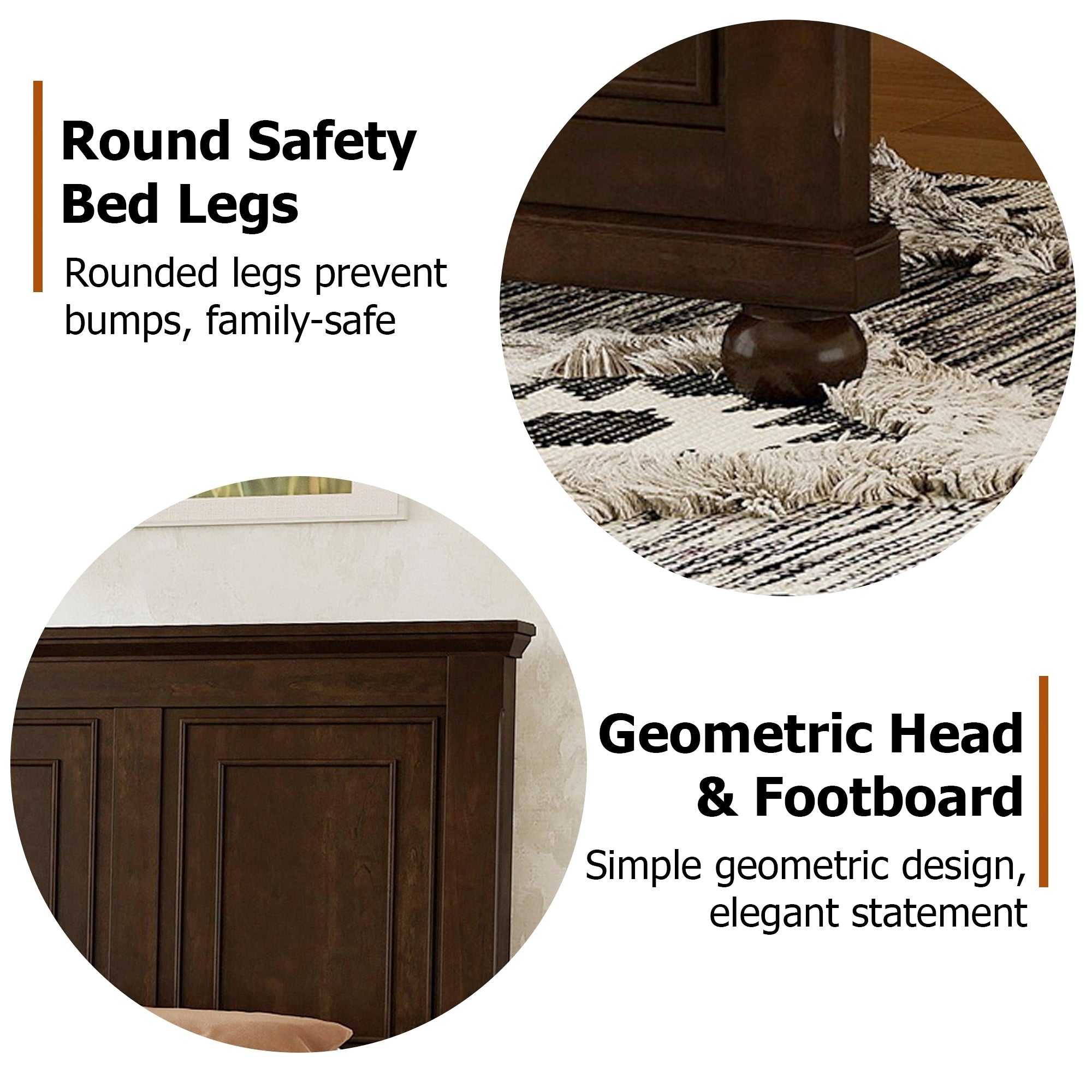 Detail callouts of the rounded safety bun legs and the geometric panel head and footboard, brown queen bed