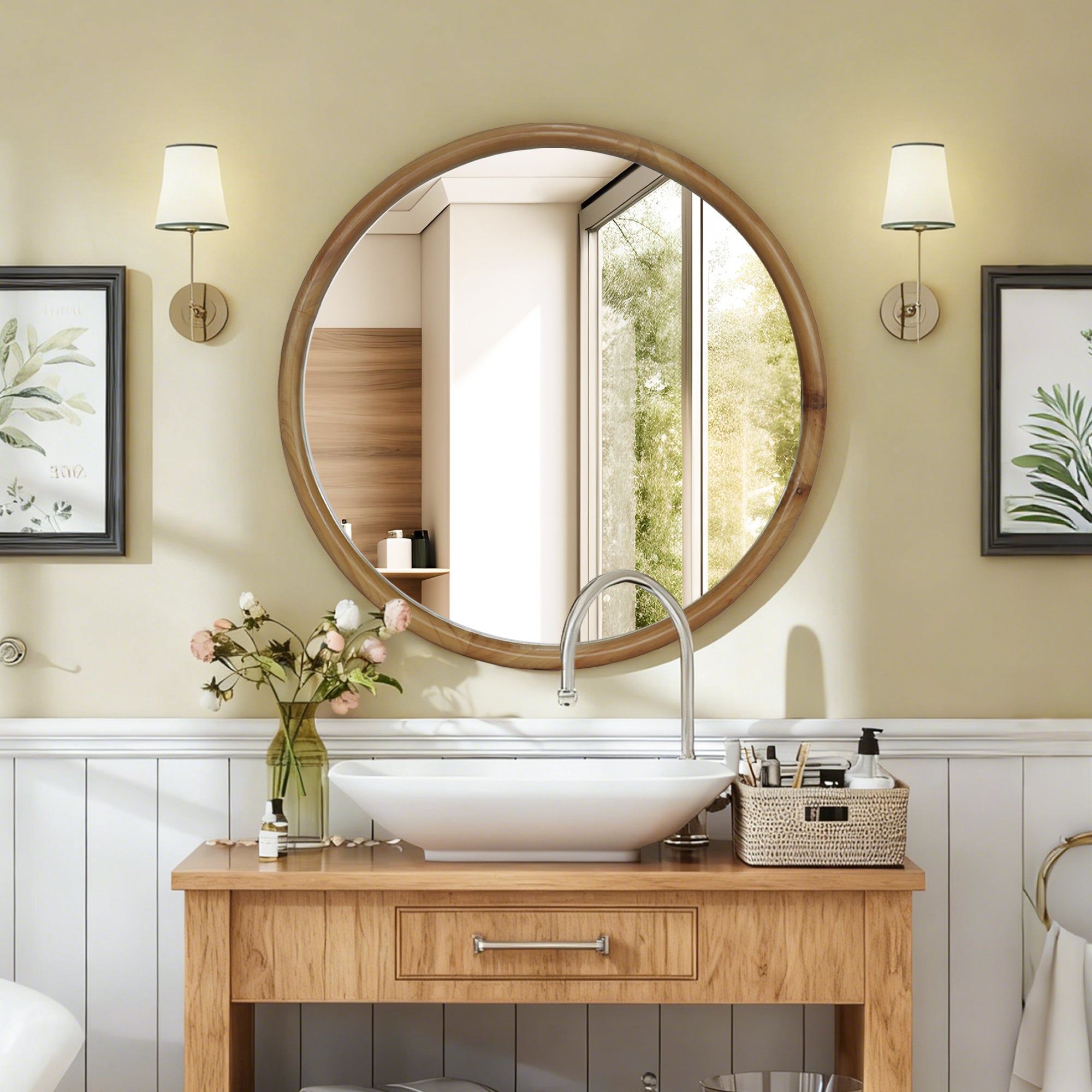 Mid Century Round Wood Mirror, 23.62 in, Natural Finish