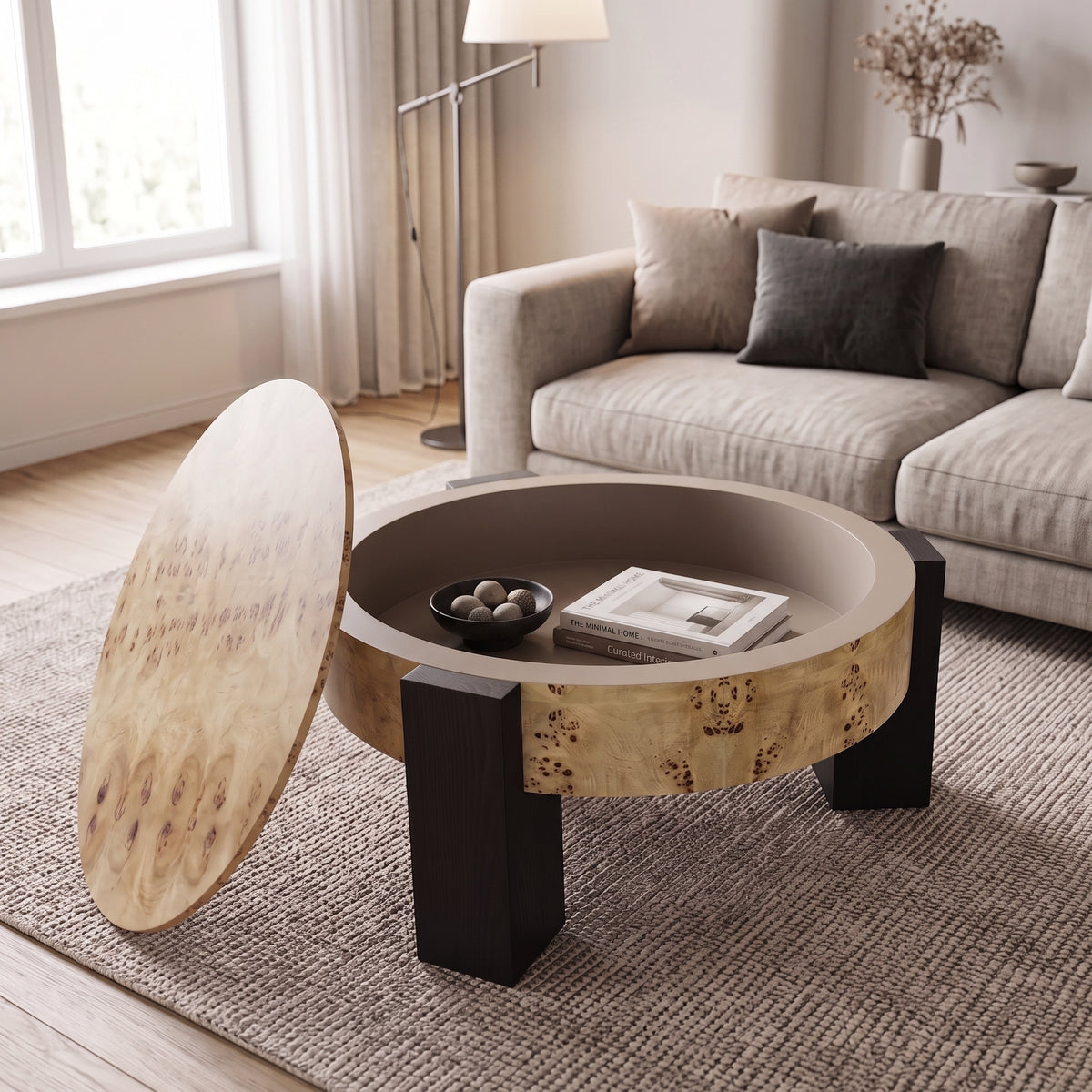 Natural and Black Burl Wood Round Coffee Table with Storage, 33.1 in
