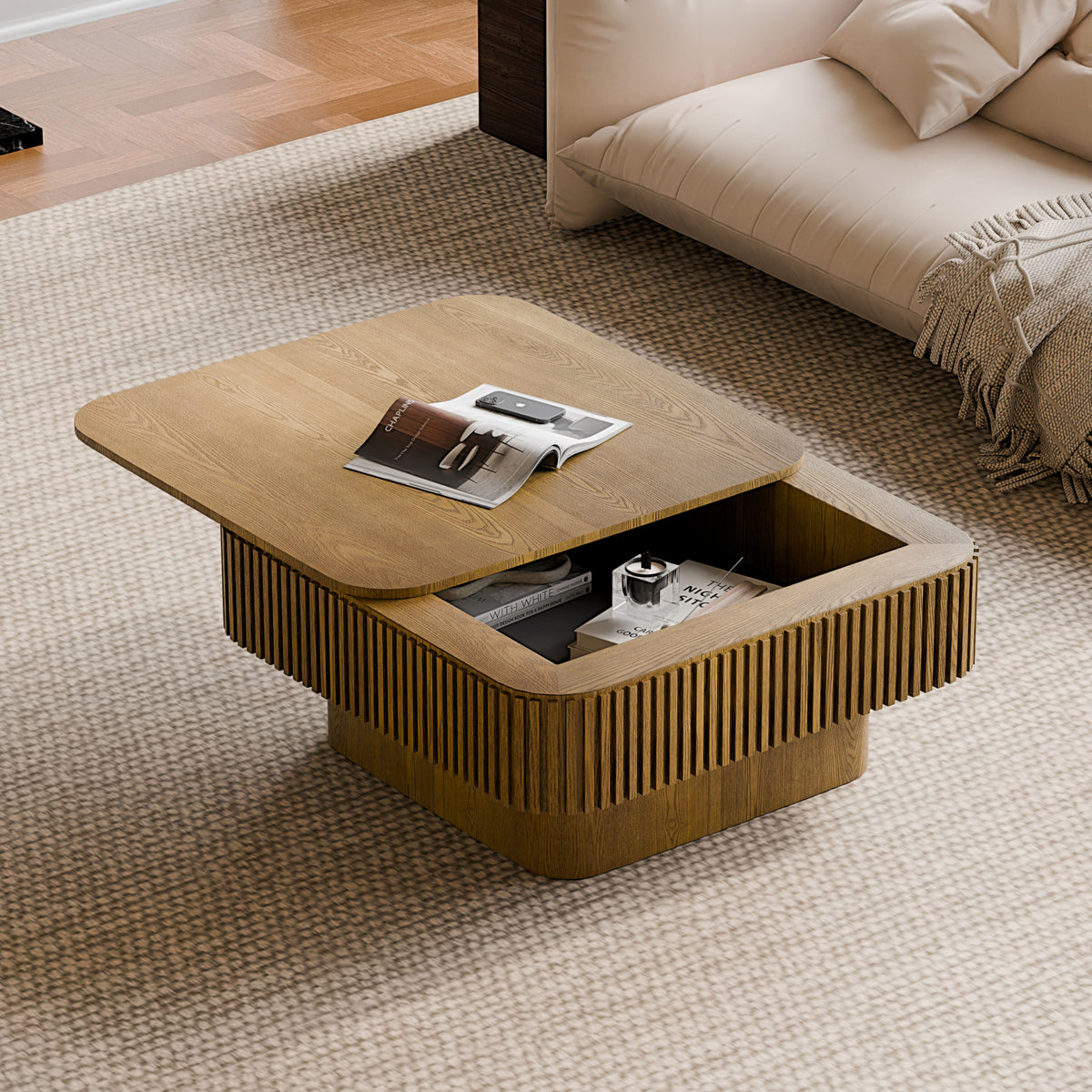 Oak Fluted Square Pedestal Coffee Table with Storage, 31.5 in