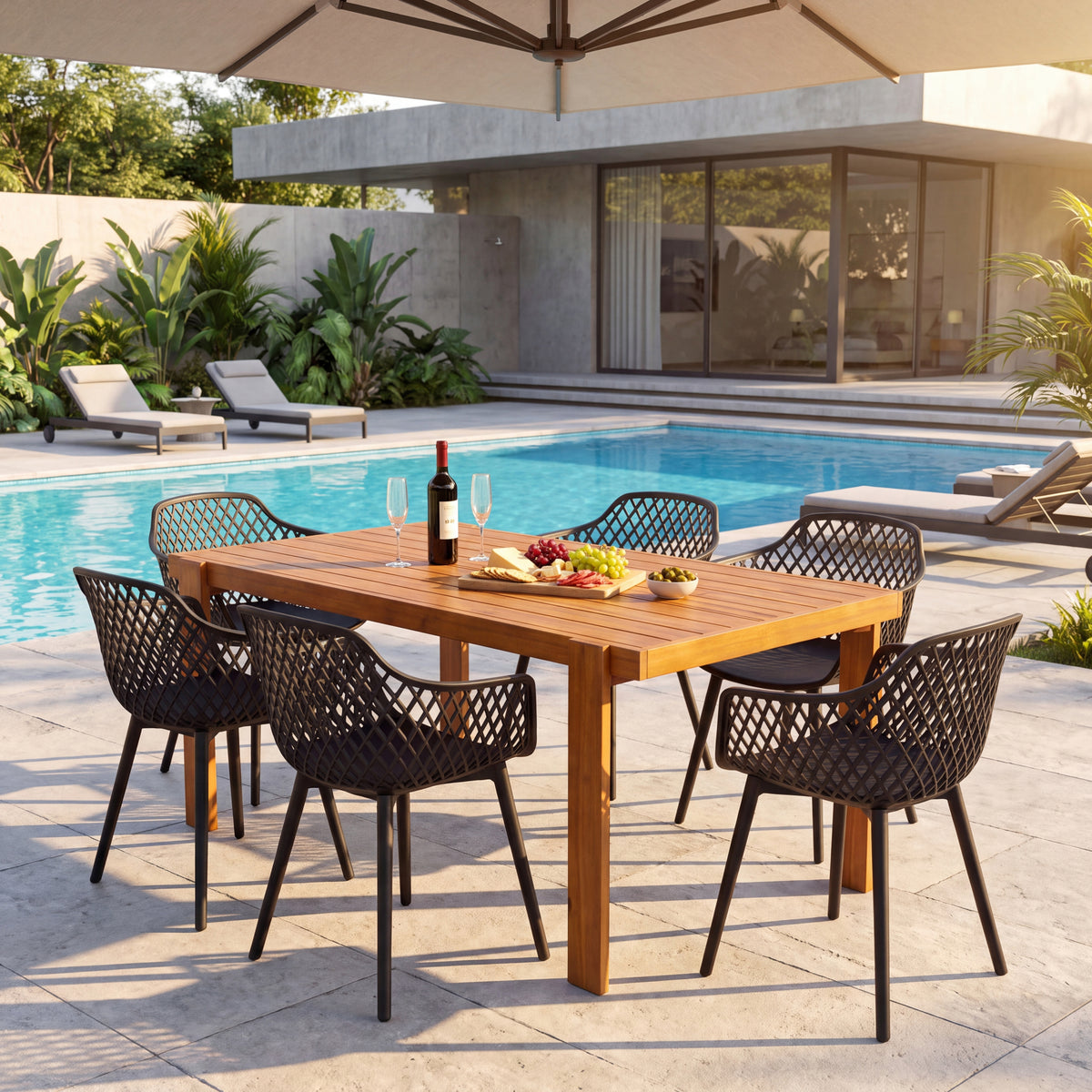 Teak Finish 7-Piece Patio Dining Set