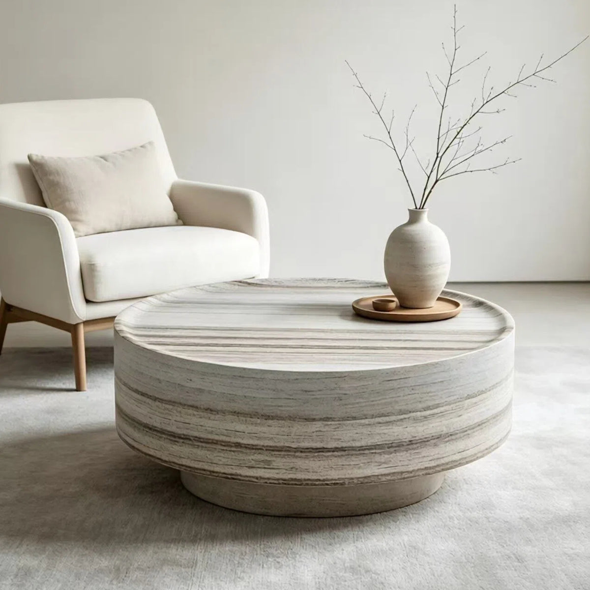 Light Gray Fiberglass Stone-Look Drum Coffee Table, 31.5 in